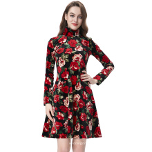 Belle Poque Women Vintage Floral Casual Velvet Turtleneck Vestido de manga comprida BP000150-1